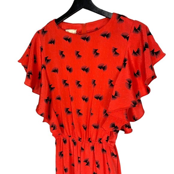 Vintage 80s Red Black Print Short Sleeve Flutter Jumpsuit Small - Picture 2 of 11